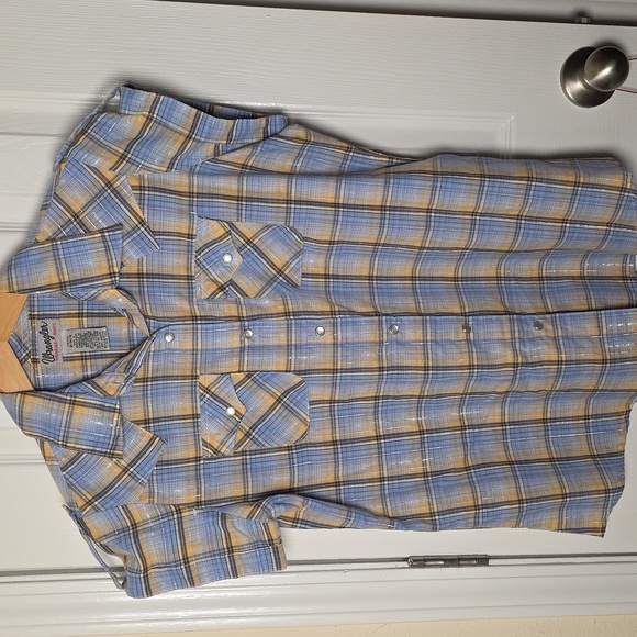 Wrangler Tops - Wrangler Western Women's Blue and Yellow Plaid Shirt With Silver Metallic Thread